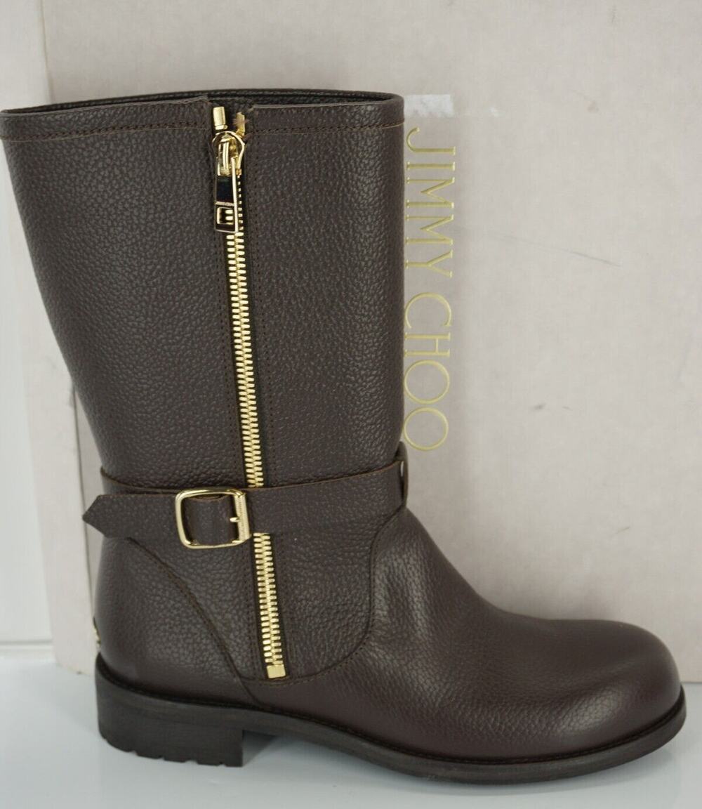 Jimmy Choo Durum Brown Leather Gold Side Zip Biker Boot SZ 40 10 NIB Moto $1095